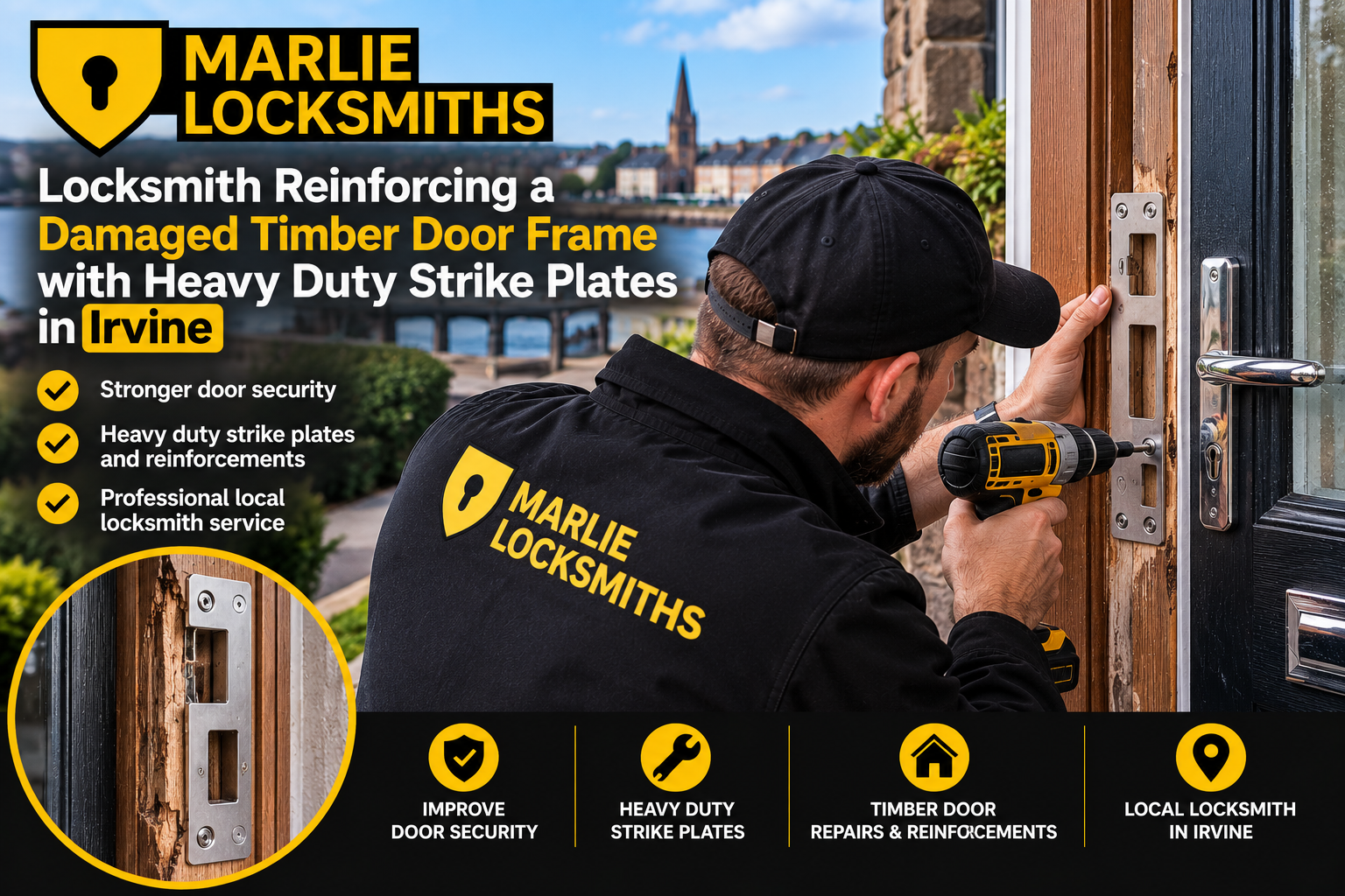 Locksmith reinforcing a damaged timber door frame with heavy duty strike plates in Irvine