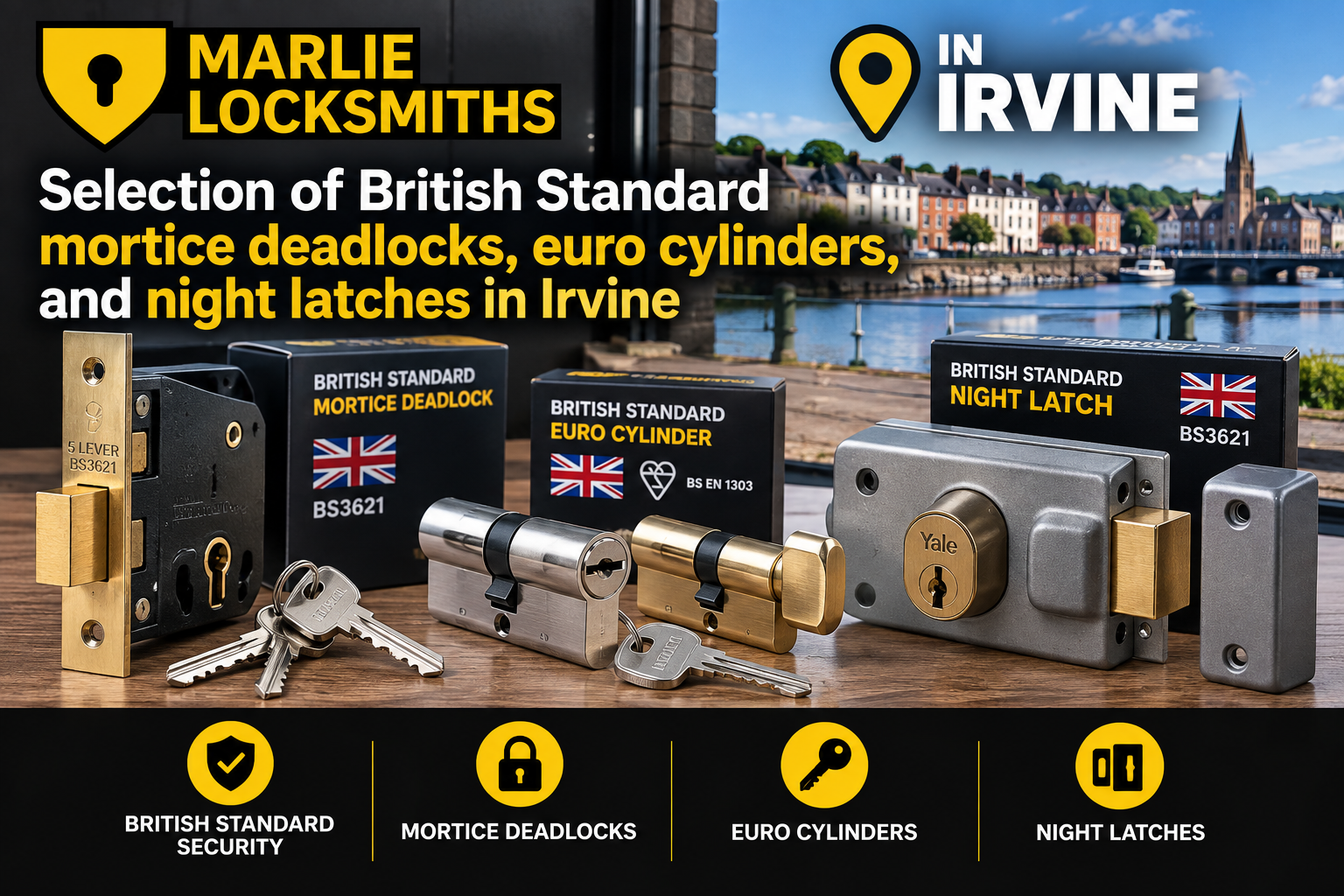 Selection of British Standard mortice deadlocks, euro cylinders, and night latches in Irvine