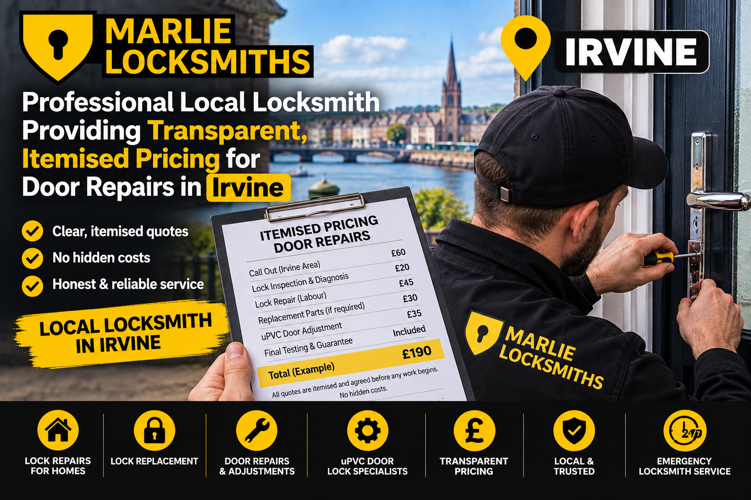 Professional local locksmith providing transparent, itemised pricing for door repairs in Irvine