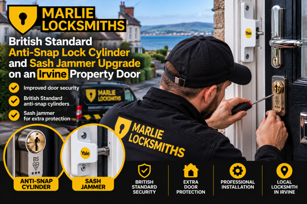 British Standard anti-snap lock cylinder and sash jammer upgrade on an Irvine property door