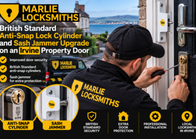 British Standard anti-snap lock cylinder and sash jammer upgrade on an Irvine property door