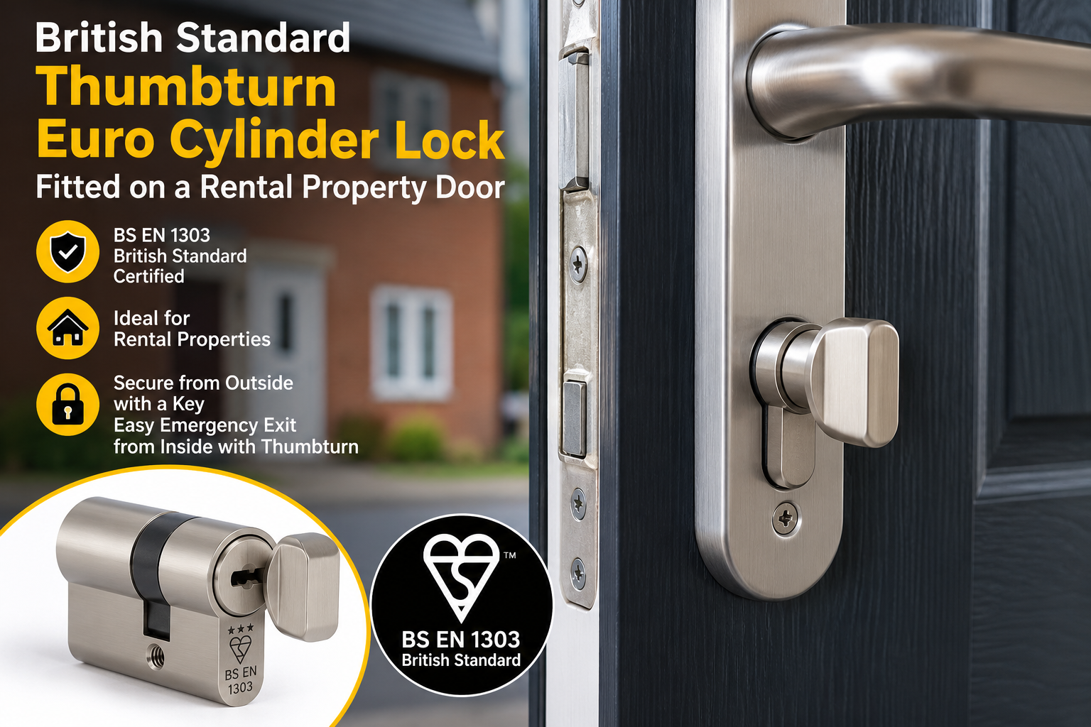 British Standard thumbturn euro cylinder lock fitted on a rental property door