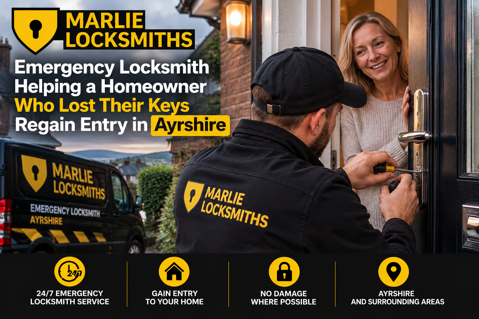 Emergency locksmith helping a homeowner who lost their keys regain entry in Ayrshire