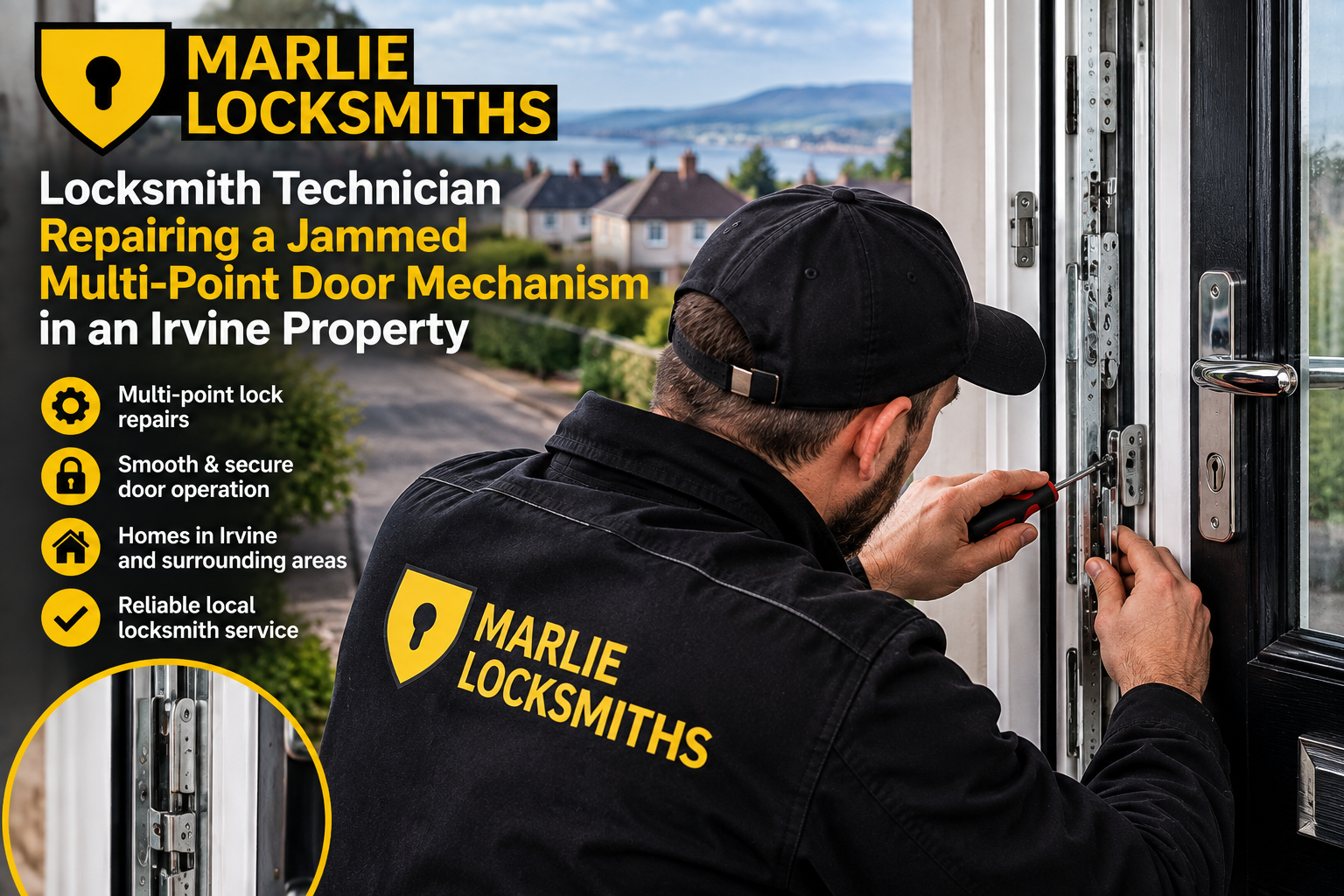 Locksmith technician repairing a jammed multi-point door mechanism in an Irvine property