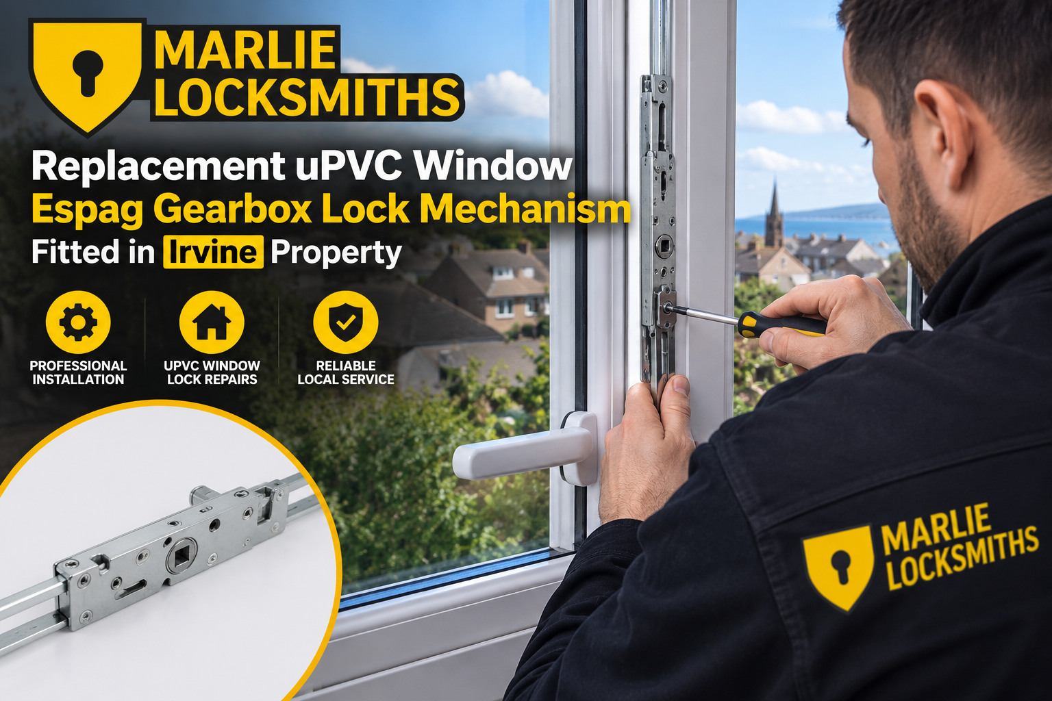 Replacement uPVC window espag gearbox lock mechanism fitted in Irvine property