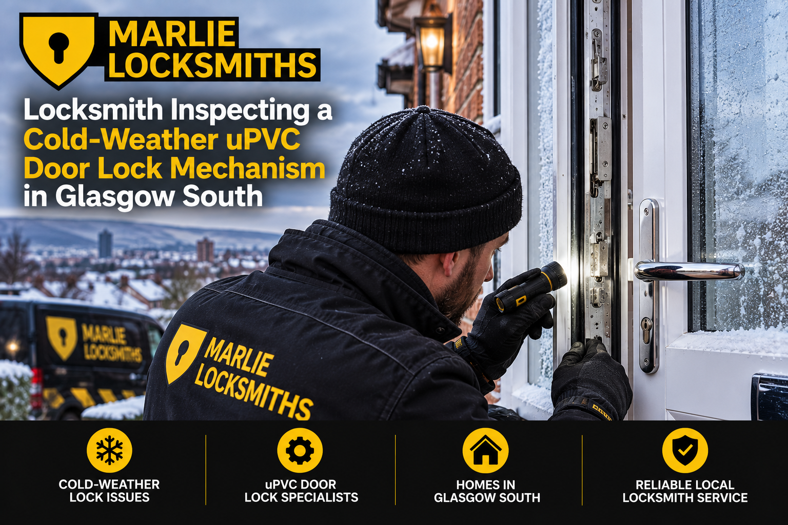Locksmith inspecting a cold-weather uPVC door lock mechanism in Glasgow South